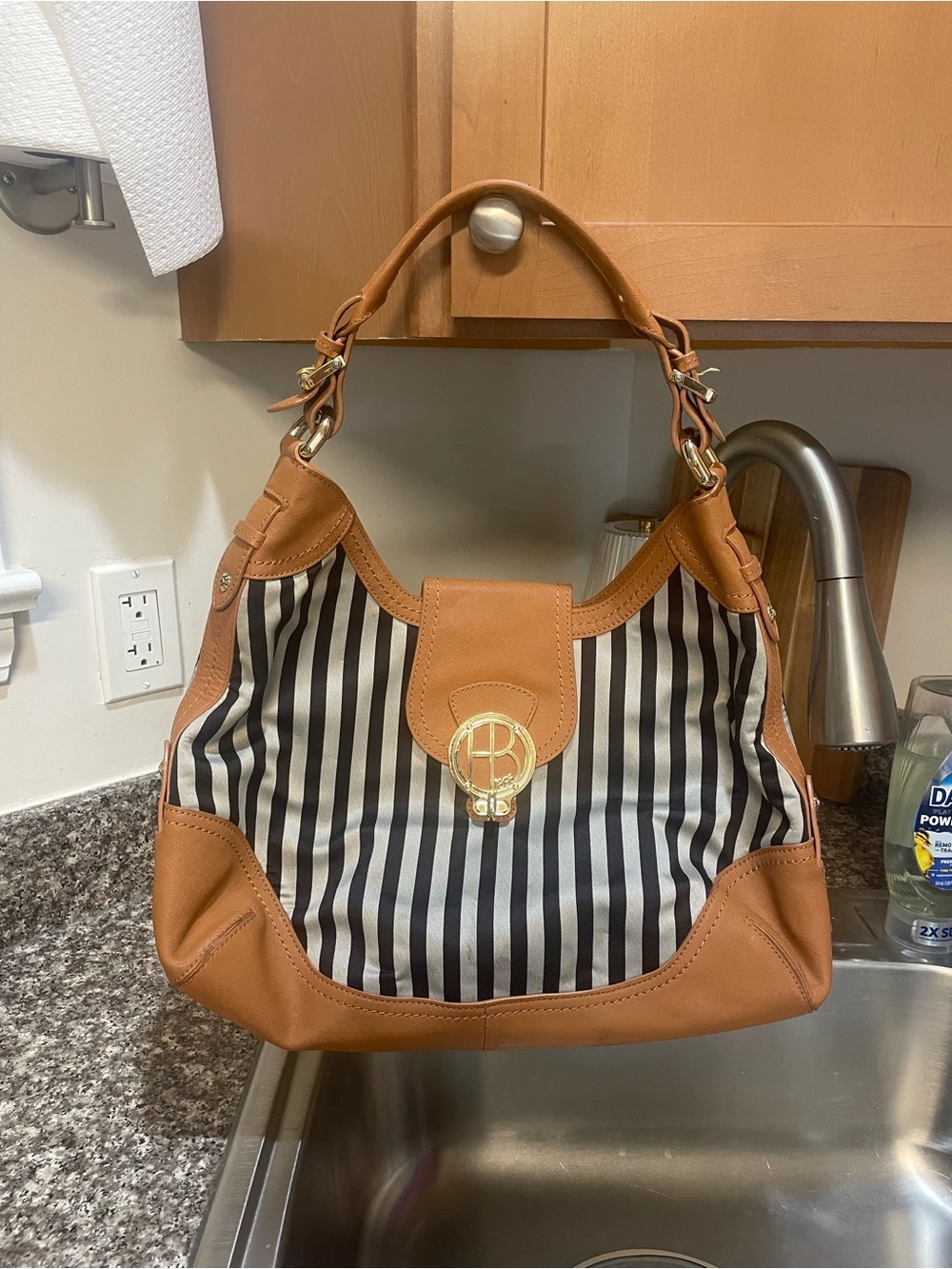Black-and-White Striped Canvas Shoulder Bag with Tan Leather Trim
